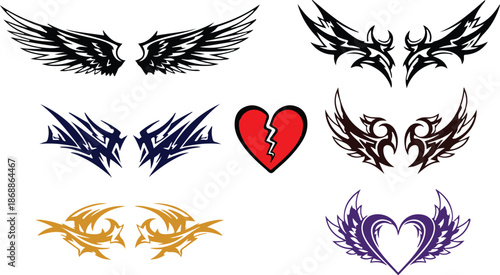 Collection of stylized angel wings and broken heart illustrations with tribal designs isolated