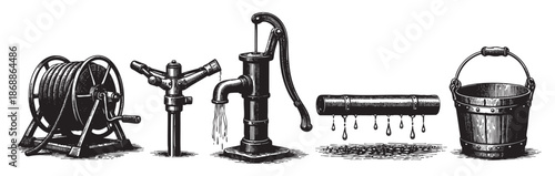 A detailed black and white illustration depicts a collection of vintage gardening tools, including a hose reel, sprinkler, hand pump, and bucket, set against a clean white background.