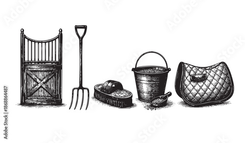 A charming black and white woodcut illustration features essential equestrian equipment including a stall gate, pitchfork, brush, feed bucket, and saddle, perfect for farm or ranch themes.