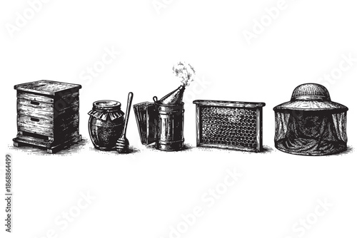 Vintage black and white ink drawing of beekeeping equipment, including a beehive, honey pot, smoker, honeycomb frame, and veil, on a white background.