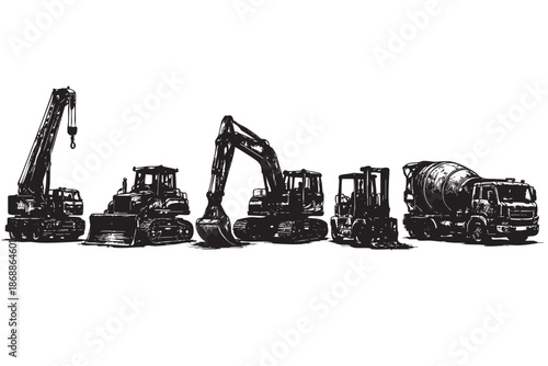 A graphic illustration in black and white depicts a lineup of various heavy construction vehicles including a crane, bulldozer, excavator, forklift, and cement mixer against a clean white background.