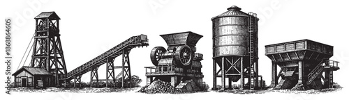 Vintage black and white illustration of various coal mining machinery, including a headframe, conveyor, crusher, and silo, evoking a sense of industrial history.