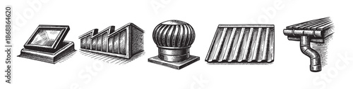 Vintage illustration showcasing various rooftop architectural elements including a dormer window, roof tiles, a ventilation fan, and a gutter system, rendered in a classic woodcut style.