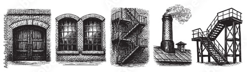 A vintage black and white illustration depicts various industrial building exterior features, including an arched doorway, windows, a fire escape, a smoking chimney, and a staircase.