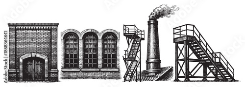 A detailed black and white ink sketch of vintage industrial building elements including a brick wall with an arched doorway, arched windows, a smokestack with smoke, and external staircases.