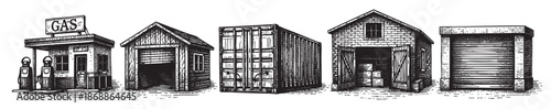 A detailed black and white illustration depicts a row of five structures: an old-fashioned gas station, two wooden sheds, a shipping container, and a garage with a roll-up door.