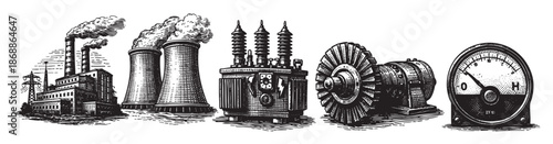 This vintage woodcut style illustration features a power plant with smoking chimneys, cooling towers, a transformer, a generator, and a meter, depicting historical industrial energy production.