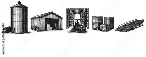 A black and white sketch depicts farm and warehouse logistics, showing a silo, barn, forklift in a warehouse, stacked pallets, and a loading ramp.