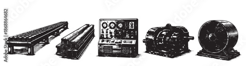 A black and white illustration showcases a collection of vintage industrial equipment, including a conveyor belt, gears, an electrical box, and a fan, set against a white background.