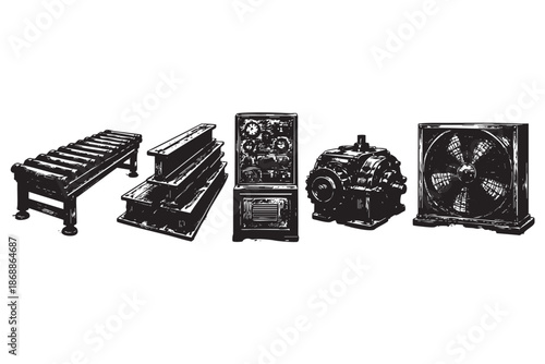 A black and white illustration showcases a collection of vintage industrial equipment, including a conveyor belt, gears, an electrical box, and a fan, set against a white background.