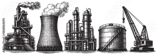 A detailed pen and ink illustration of a complex industrial factory scene featuring smoking chimneys, a cooling tower, storage tanks, and a construction crane.