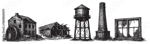 A black and white pen and ink illustration depicts a row of derelict structures including a water tower, chimney, and a broken window, evoking a sense of industrial decline and decay.