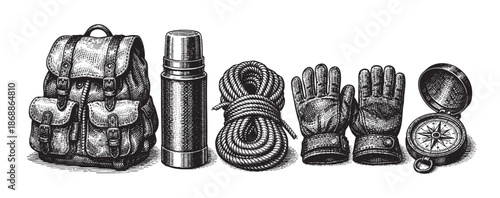 A black and white line drawing of vintage camping equipment, including a backpack, thermos, rope, gloves, and compass, arranged in a row on a white background.