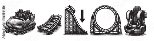 A collection of black and white woodcut style illustrations showcasing different elements of a roller coaster, including a cart, tracks, a loop, and a drop.