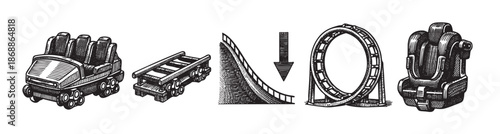 A vintage, hand-drawn illustration collection featuring various elements of a roller coaster, including a car, track, downward drop, loop, and seat.