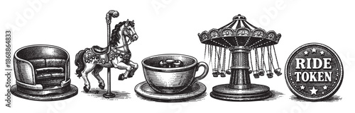 A collection of vintage illustrations including a carousel horse, ticket booth seat, tea cup ride, and a token, rendered in a classic engraving style on a white background.