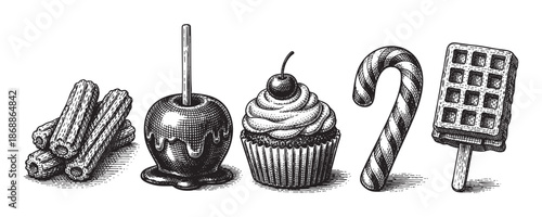 A vintage ink sketch collection of five popular sweet treats including churros, candy apple, cupcake, candy cane, and ice cream waffle, rendered in a classic woodcut style on a white background.