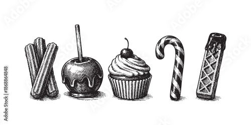 A vintage-style black and white illustration features a collection of five sweet treats including churros, a candy apple, a cupcake, a candy cane, and a waffle cone, perfect for whimsical designs.