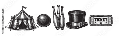 A vintage illustration showcases classic circus items including a tent, juggling pins, ball, top hat, and ticket, evoking a nostalgic and whimsical atmosphere perfect for event promotions.