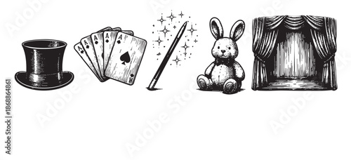 A whimsical collection of vintage-style illustrations featuring classic magic show props including a top hat, ace cards, a wand with sparkles, a stuffed rabbit, and a theater stage curtain.