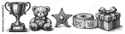 A vintage, black and white illustration features a trophy, teddy bear, sheriff star, roll of tickets, and a gift box arranged horizontally on a white background.