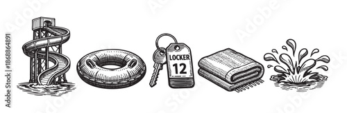 A whimsical black and white illustration in a doodle style, featuring a waterslide, inner tube, locker key, folded towel, and water splash, perfect for summer or recreation themes.