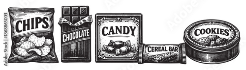 A black and white woodcut style illustration features an assortment of classic snack food packaging including chips, chocolate, candy, cereal bar, and cookies, evoking a retro feel.