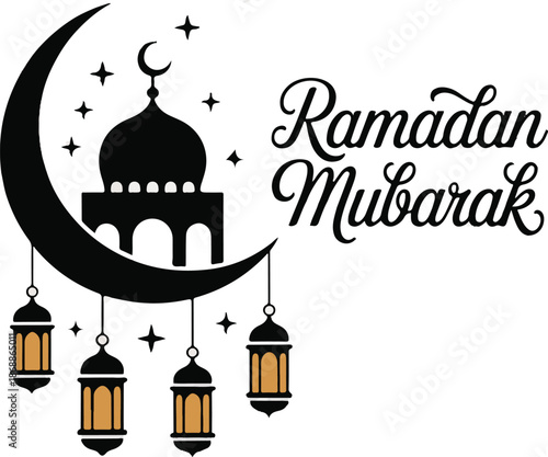 Black crescent moon mosque lanterns and stars Ramadan Kareem

