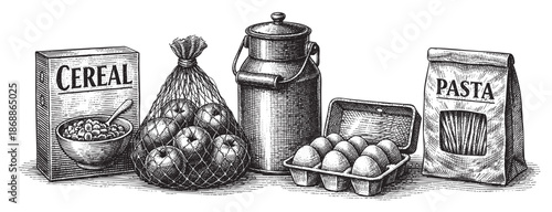A detailed black and white illustration depicting vintage grocery items including cereal, apples in a net bag, a milk can, eggs in a carton, and pasta.