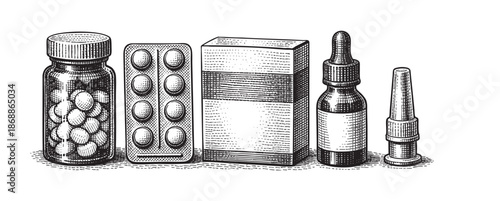Vintage black and white engraving illustration of various pharmaceutical items including pills in a bottle, blister pack, medicine box, and dropper bottle, suitable for healthcare or vintage themes.