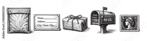 A vintage woodcut illustration depicts a collection of postal items including a parcel, address label, mailbox, and stamp, evoking a retro and classic feel for mailing and delivery themes.