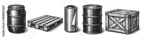 A vintage illustration depicts various industrial shipping and storage items including a milk churn, wooden pallet, metal pipe, oil drums, and a wooden crate, all in black and white.
