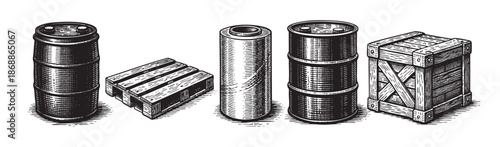 A vintage illustration depicts various industrial shipping and storage items including a milk churn, wooden pallet, metal pipe, oil drums, and a wooden crate, all in black and white.
