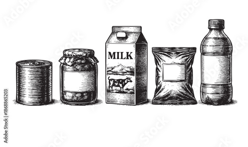 A vintage ink drawing features a collection of five food packaging items, including a tin can, jar, milk carton, bag, and water bottle, displayed in a row against a white background.