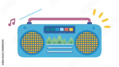 Retro boombox playing music with vibrant sound waves and musical notes in a colorful illustration