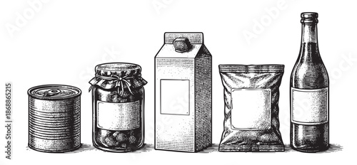 A black and white sketch shows a collection of five vintage grocery items, including a tin can, a jar of preserves, a milk carton, a snack bag, and a bottle.