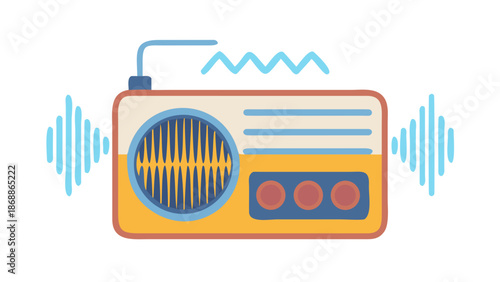 Vintage radio emitting sound waves, classic technology for broadcasting music and information