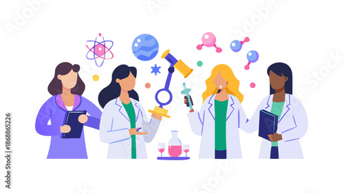 Diverse group of women scientists and researchers collaborating with laboratory equipment and molecular models in a modern scientific setting