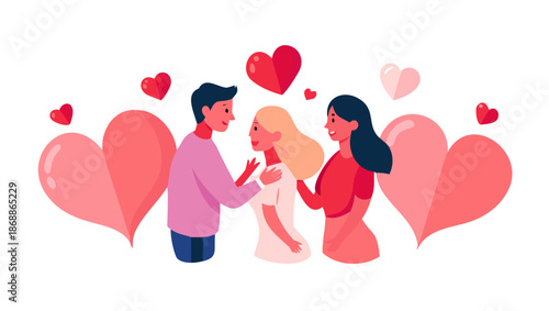 A happy couple with a friend celebrating love surrounded by heart shapes, depicting romance and connection, with a sense of togetherness