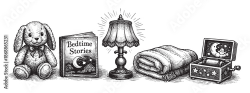 A charming black and white illustration features a teddy bear, a book titled "Bedtime Stories," a glowing lamp, a folded blanket, and a music box.
