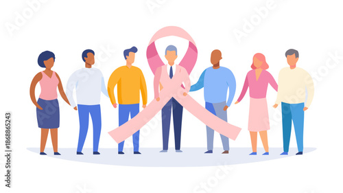 Diverse Group of People Standing Together Behind a Large Pink Ribbon, Symbolizing Support and Awareness for Breast Cancer
