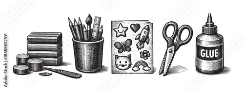A hand-drawn illustration in a vintage engraving style features a collection of art supplies including pencils, ruler, glue, and scissors, suggesting creativity and craft.