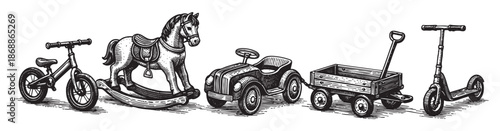 Black and white engraving style illustration featuring a collection of classic children's toys including a balance bike, rocking horse, toy car, wagon, and scooter.