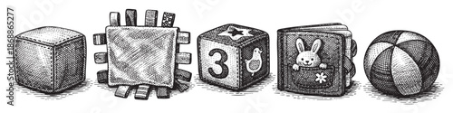 A charming black and white line drawing depicts a collection of classic children's toys arranged in a row, perfect for design projects related to childhood and play.