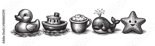 Whimsical collection of vintage scratchboard art featuring bath time characters like a duck, boat, bubbly mug, whale, and starfish, perfect for playful designs.