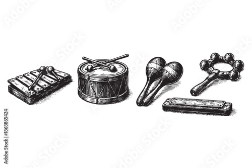This vintage ink drawing features a xylophone, drum, maracas, tambourine, and harmonica, perfect for designs related to music education or retro themes.