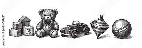 A charming black and white illustration features a collection of classic toys including building blocks, a teddy bear, a toy car, a spinning top, and a ball, rendered in a vintage woodcut style.