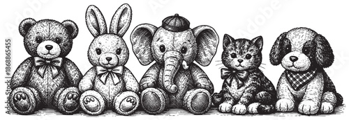 A charming black and white pen and ink illustration features a row of five vintage stuffed animals, including a teddy bear, bunny, elephant, cat, and dog, in a classic etched style.