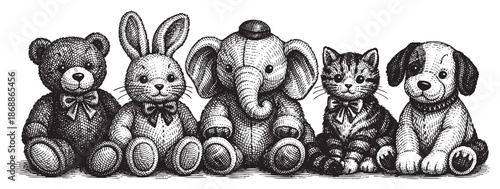 A charming, hand-drawn illustration features a group of five adorable stuffed animals including a bear, bunny, elephant, cat, and dog, arranged side-by-side with a vintage feel.
