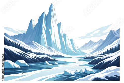 Vector Illustration of Magallanes with Icebergs and Windswept Landscapes on a White Background